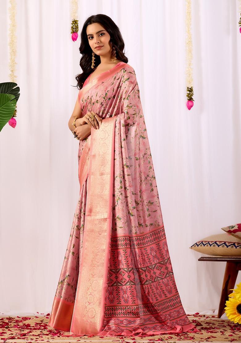 Pink Printed Silk Saree Set - Indya
