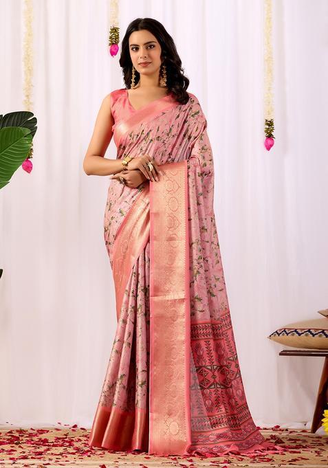 Pink Printed Silk Saree Set