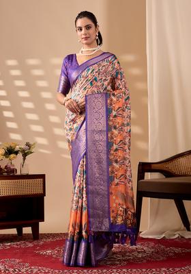 Purple Printed Silk Saree Set