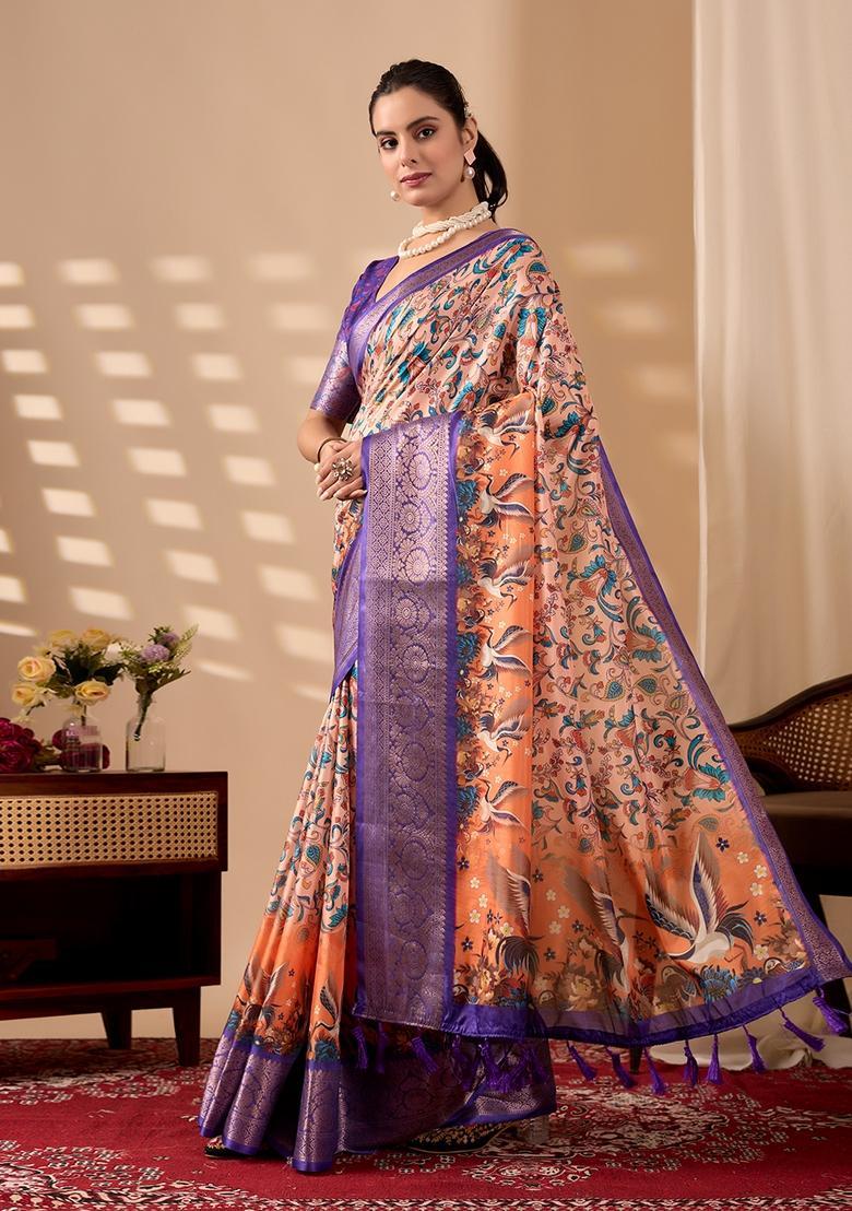Purple Printed Silk Saree Set - Indya