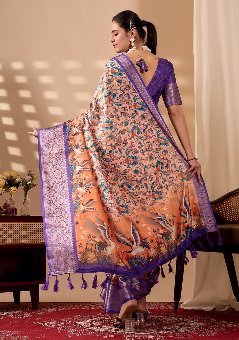 Purple Printed Silk Saree Set - Indya
