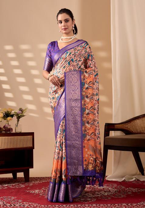 Purple Printed Silk Saree Set