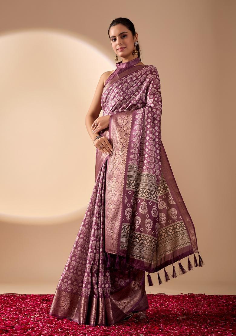 Light Purple Printed Silk Saree Set - Indya