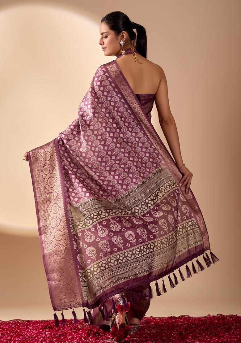 Light Purple Printed Silk Saree Set - Indya