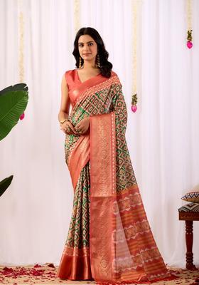 Green Printed Silk Saree Set