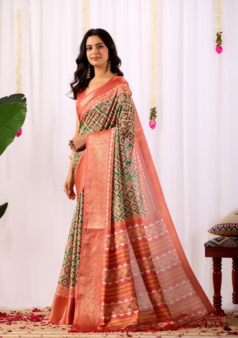 Green Printed Silk Saree Set - Indya