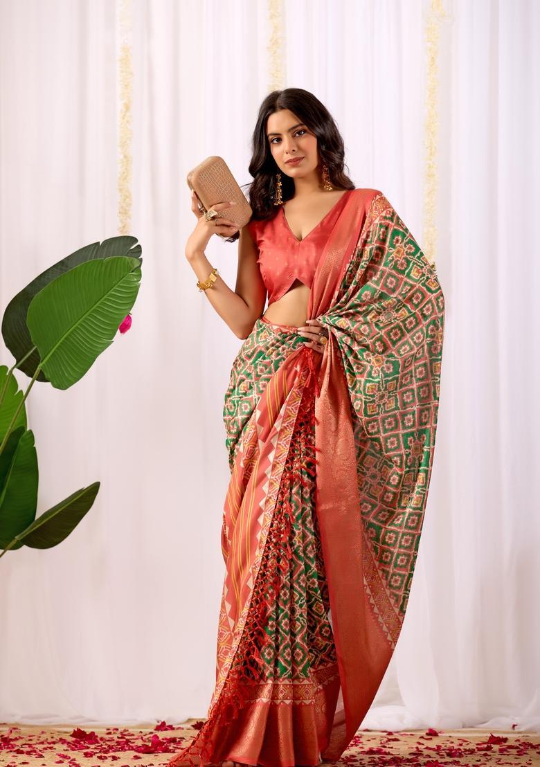Green Printed Silk Saree Set - Indya