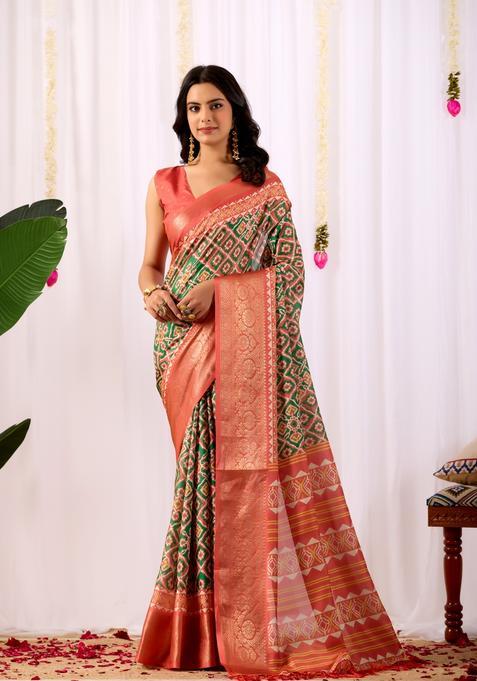 Green Printed Silk Saree Set