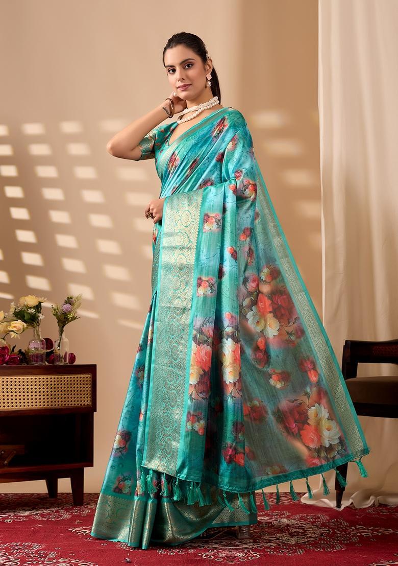 Aqua Printed Silk Saree Set - Indya