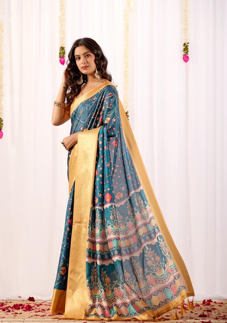 Teal Printed Silk Saree Set - Indya