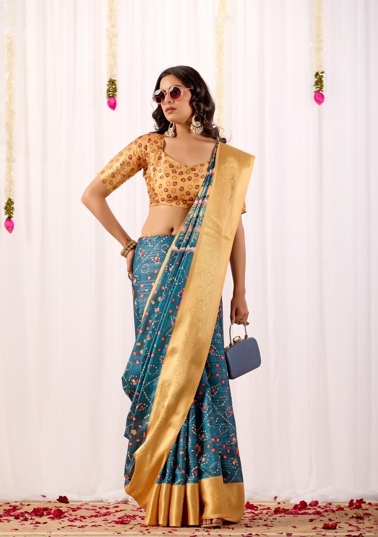 Teal Printed Silk Saree Set - Indya