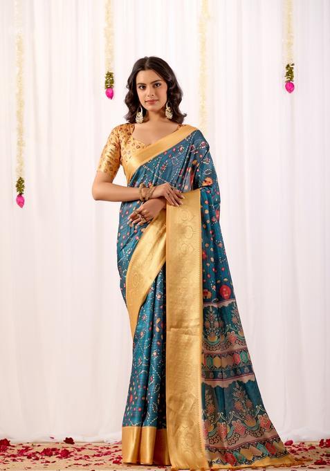 Teal Printed Silk Saree Set