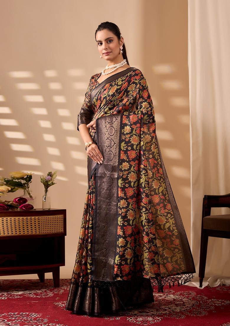 Multicolor Printed Silk Saree Set - Indya