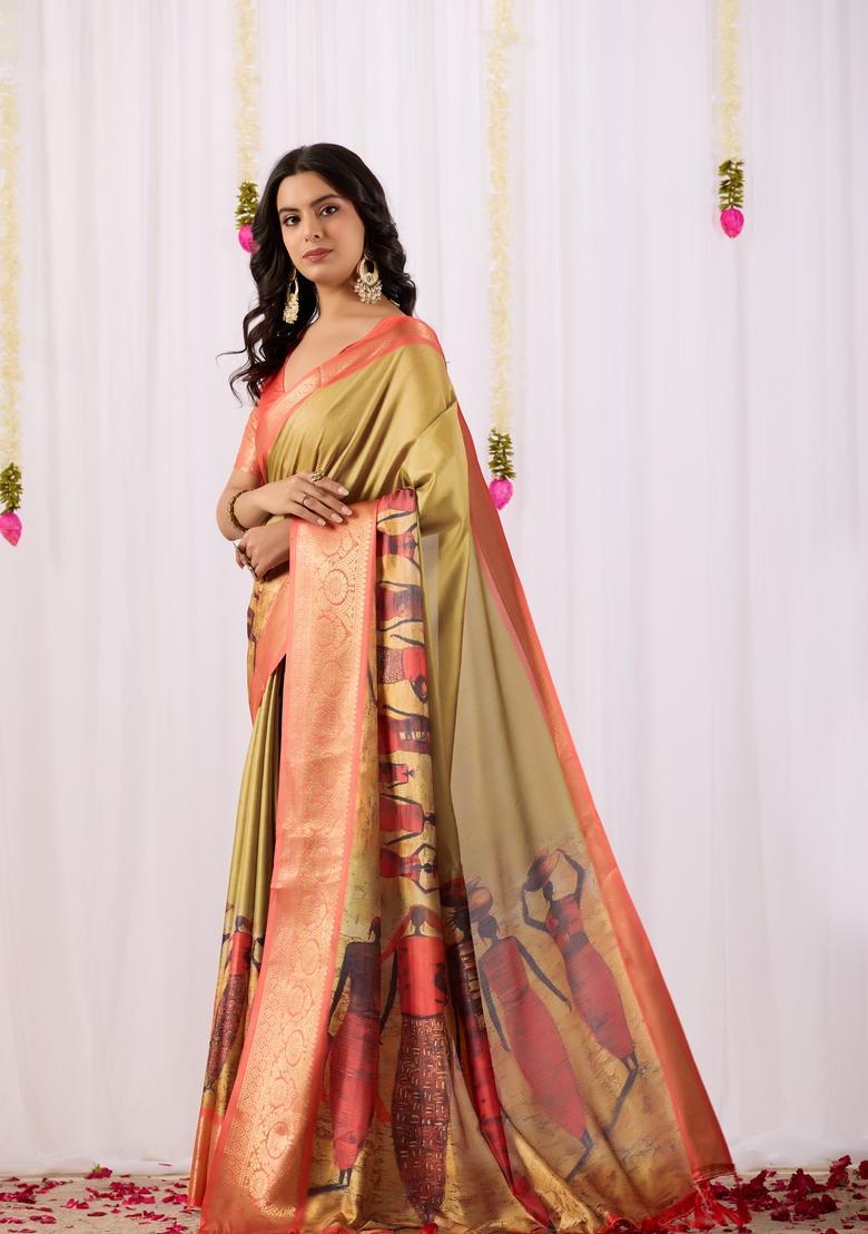 Mustard Printed Silk Saree Set - Indya