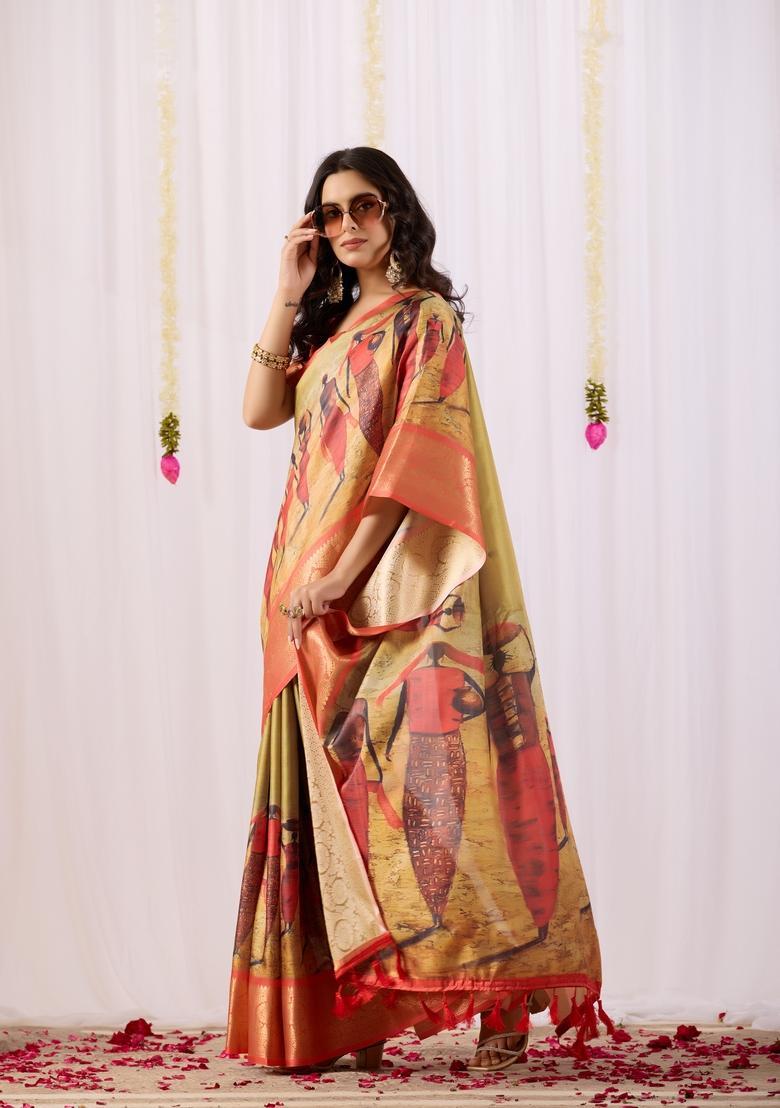 Mustard Printed Silk Saree Set - Indya