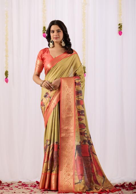 Mustard Printed Silk Saree Set