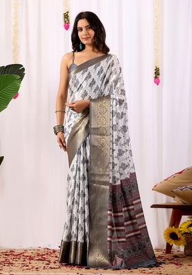Off White Printed Silk Saree Set