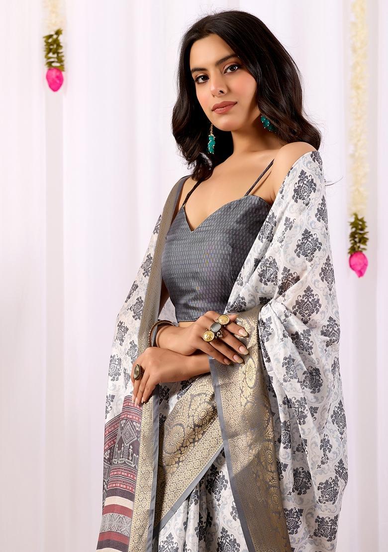 Off White Printed Silk Saree Set - Indya