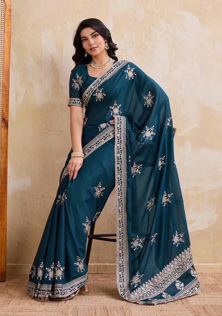 Teal Printed Georgette Saree Set - Indya