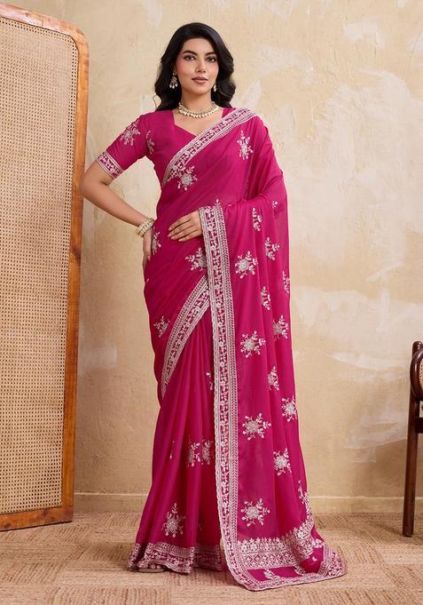 Pink Printed Georgette Saree Set