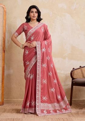 Peach Printed Georgette Saree Set