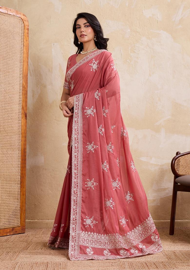 Peach Printed Georgette Saree Set - Indya