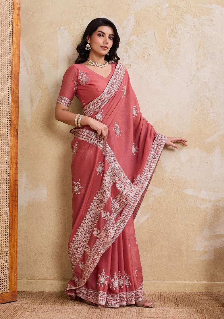 Peach Printed Georgette Saree Set - Indya