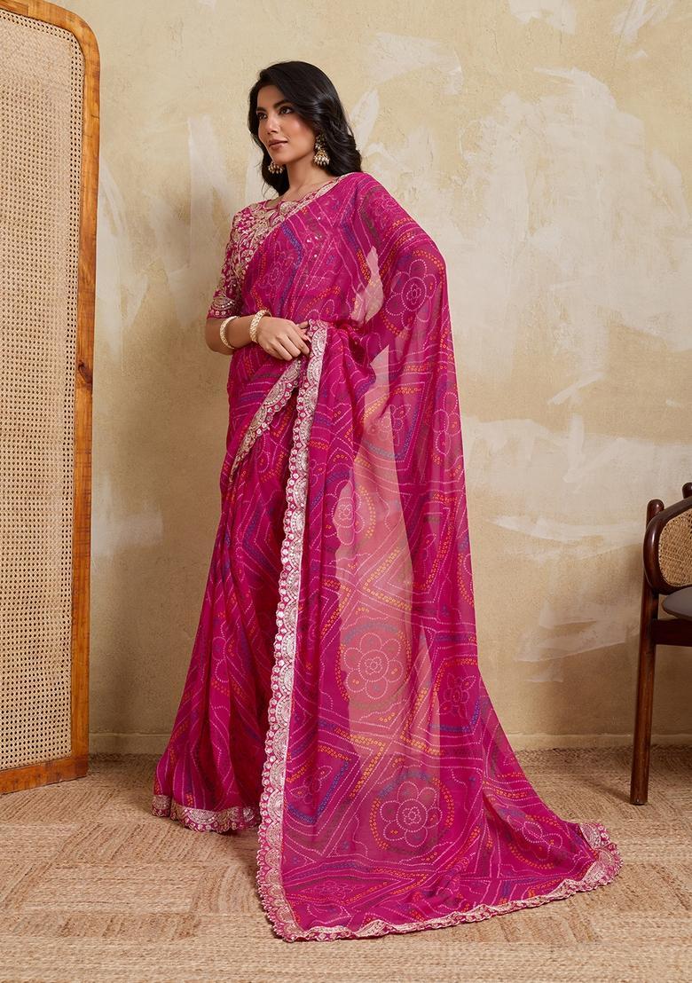 Pink Printed Georgette Saree Set - Indya