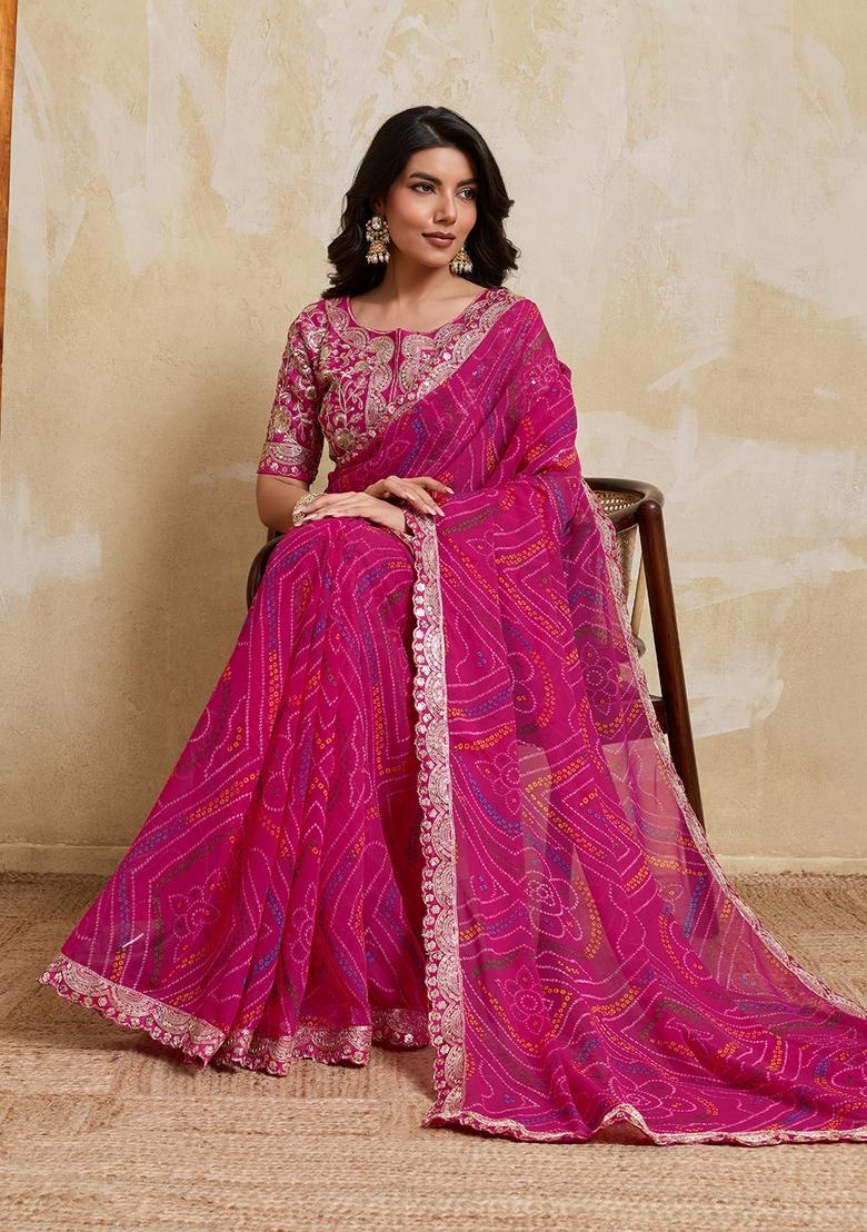 Pink Printed Georgette Saree Set - Indya