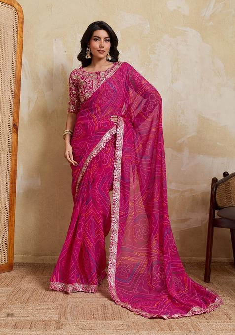 Pink Printed Georgette Saree Set