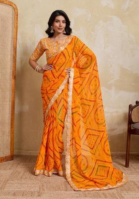 Yellow Printed Georgette Saree Set