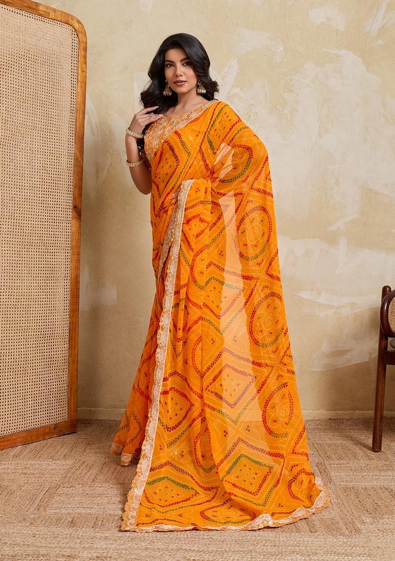 Yellow Printed Georgette Saree Set - Indya