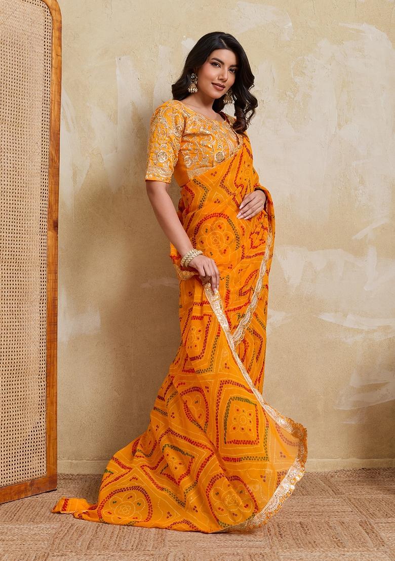 Yellow Printed Georgette Saree Set - Indya