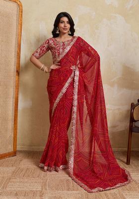 Red Printed Georgette Saree Set