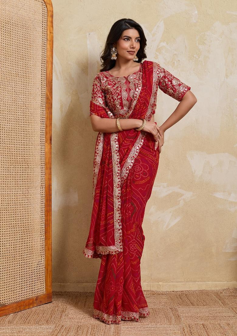 Red Printed Georgette Saree Set - Indya