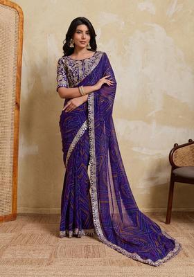 Purple Printed Georgette Saree Set