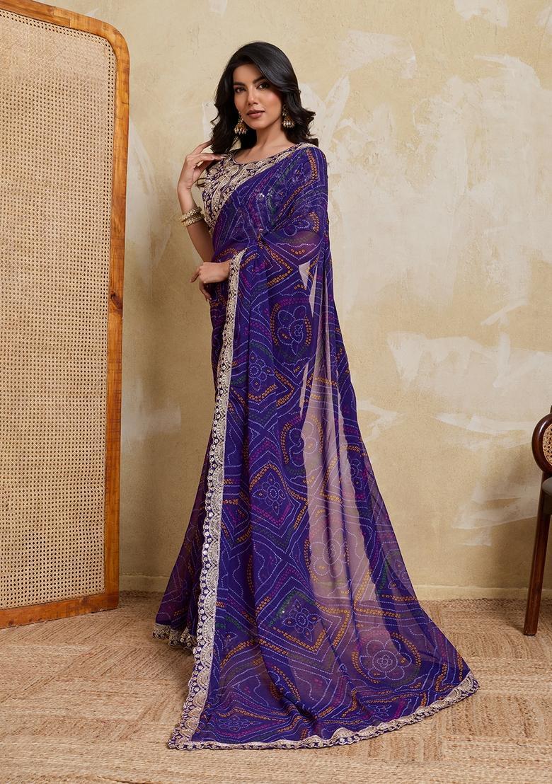 Purple Printed Georgette Saree Set - Indya