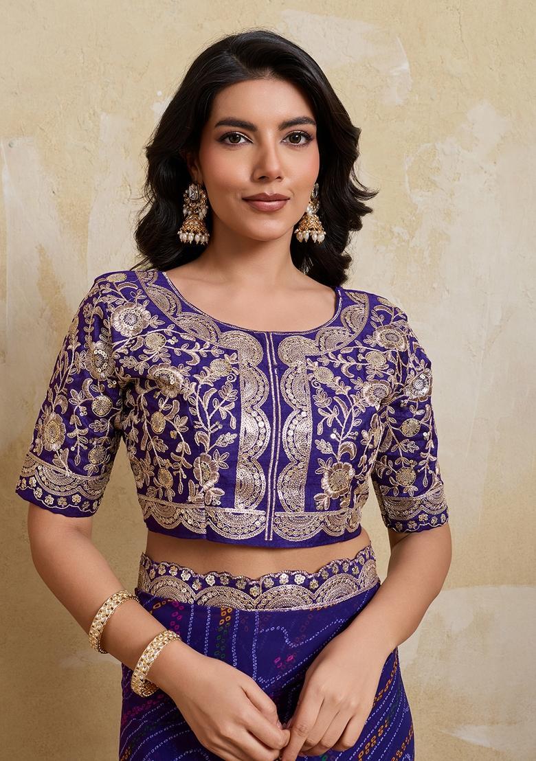 Purple Printed Georgette Saree Set - Indya