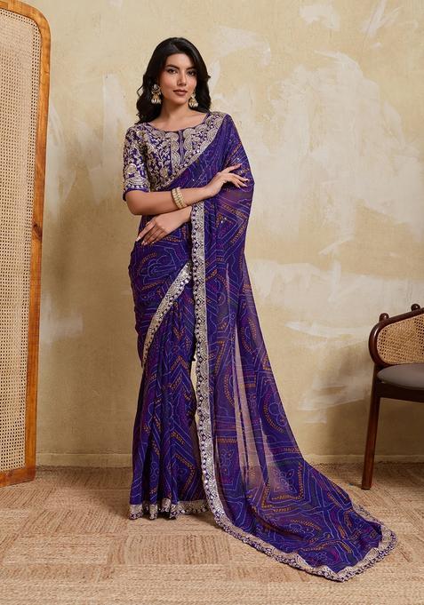 Purple Printed Georgette Saree Set
