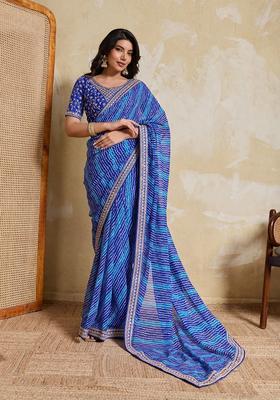 Blue Printed Georgette Saree Set