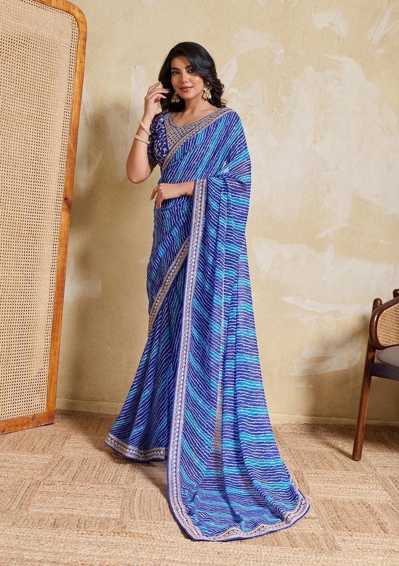 Blue Printed Georgette Saree Set - Indya