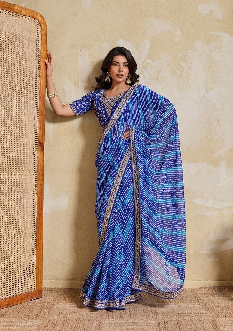 Blue Printed Georgette Saree Set - Indya