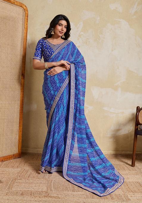 Blue Printed Georgette Saree Set