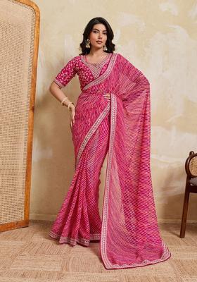 Pink Printed Georgette Saree Set