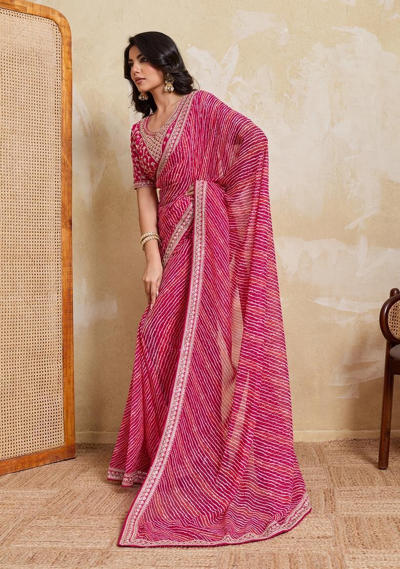 Pink Printed Georgette Saree Set - Indya