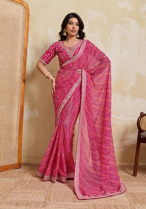 Pink Printed Georgette Saree Set