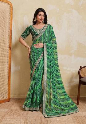 Green Printed Georgette Saree Set