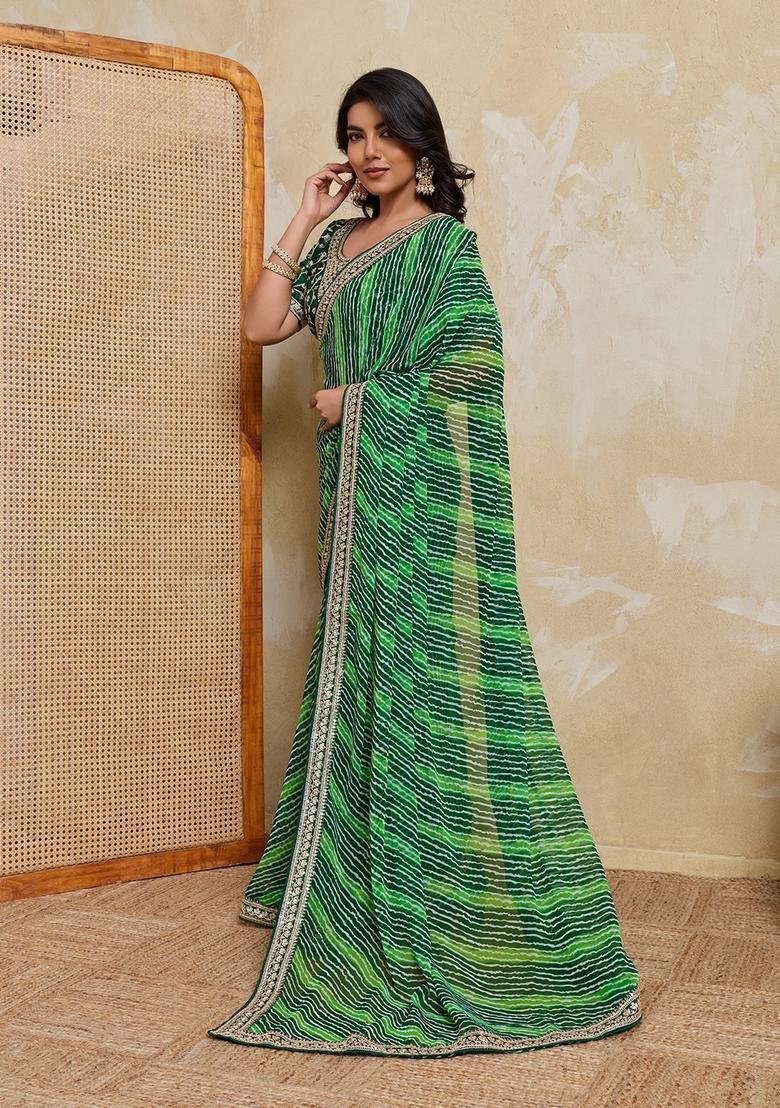 Green Printed Georgette Saree Set - Indya