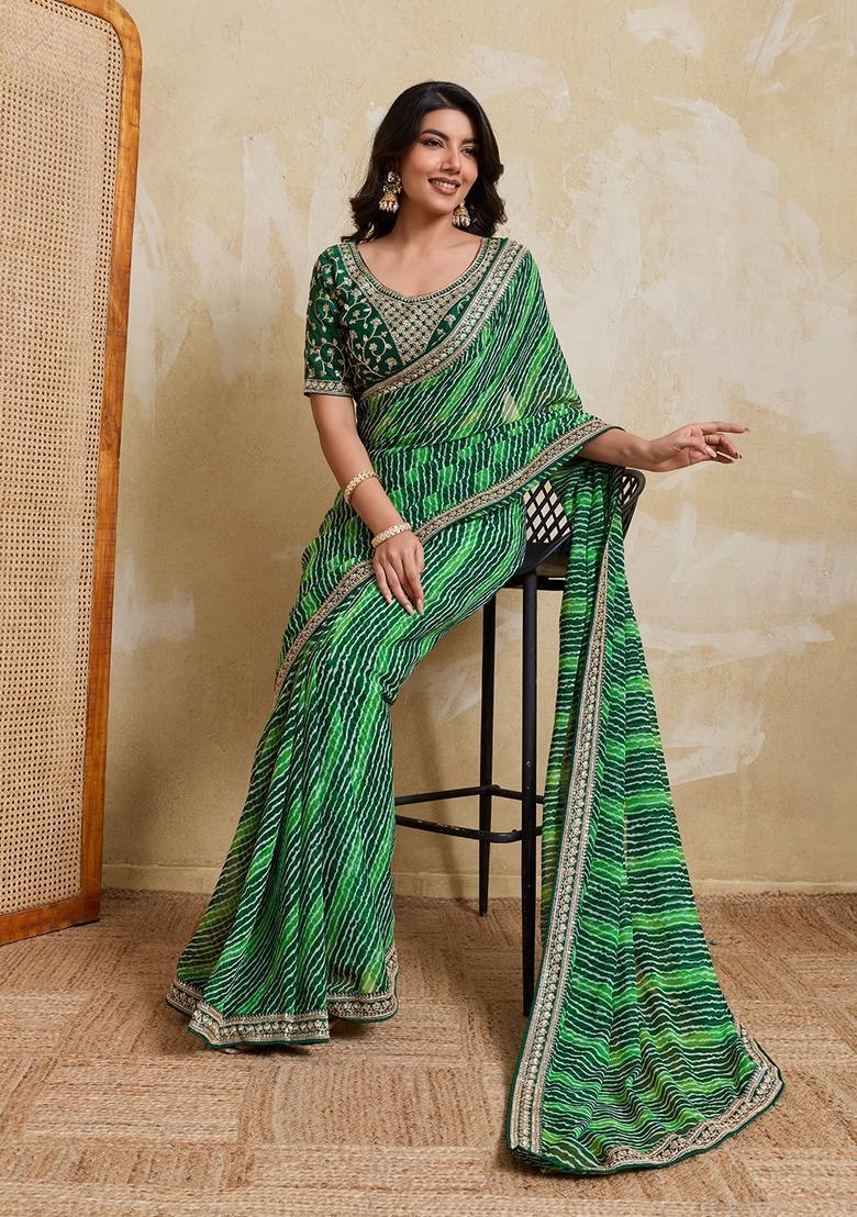 Green Printed Georgette Saree Set - Indya