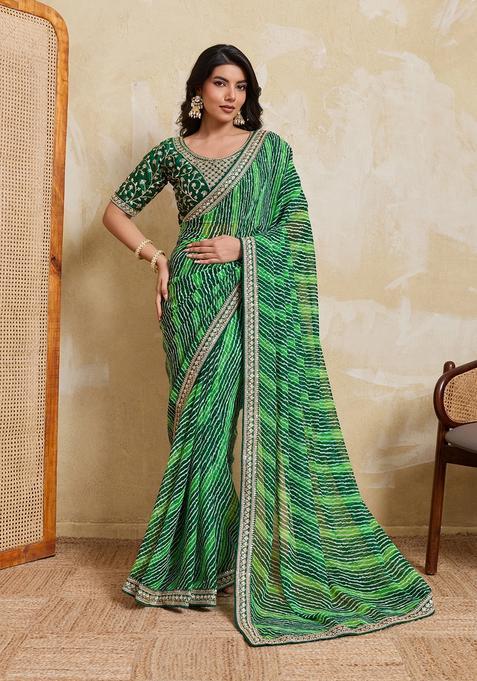 Green Printed Georgette Saree Set